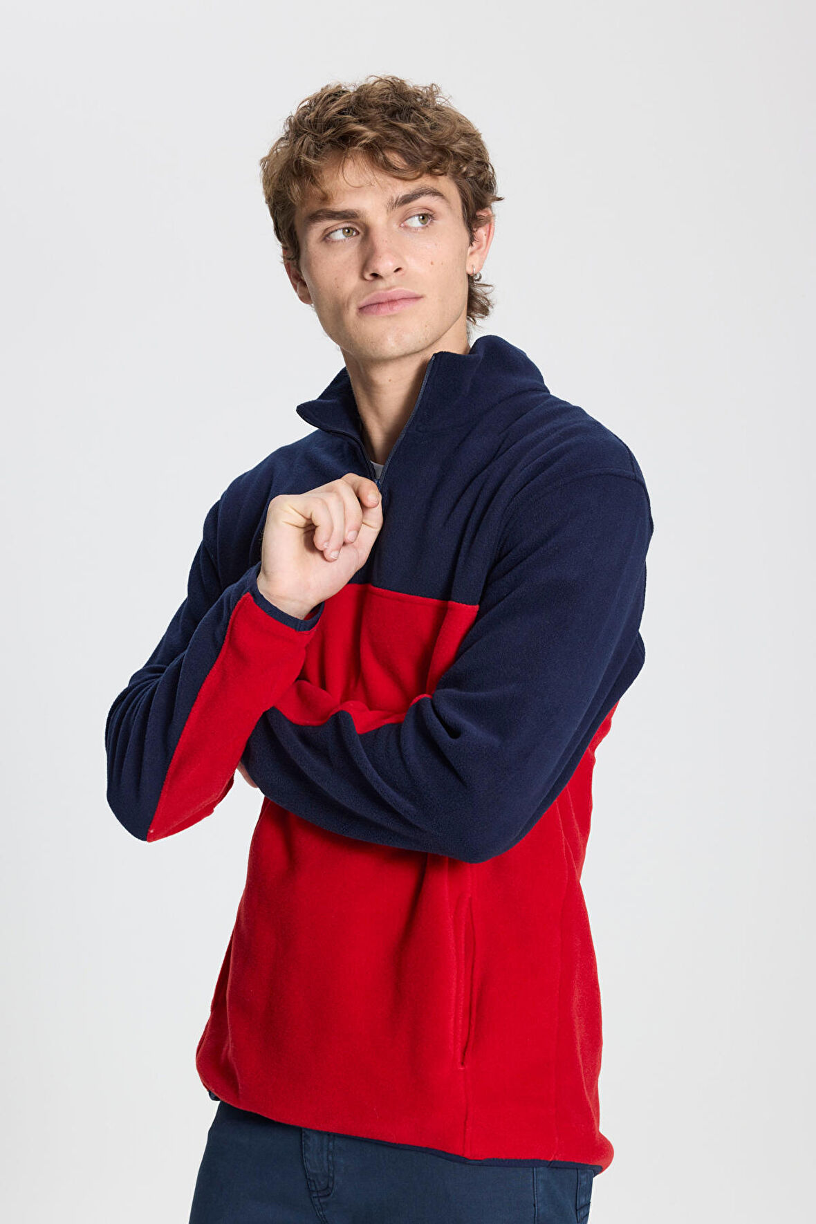 Erkek Lacivert-kırmızı Standart Fit Normal Kesim Günlük Rahat Çift Renkli Polar Spor Sweatshirt