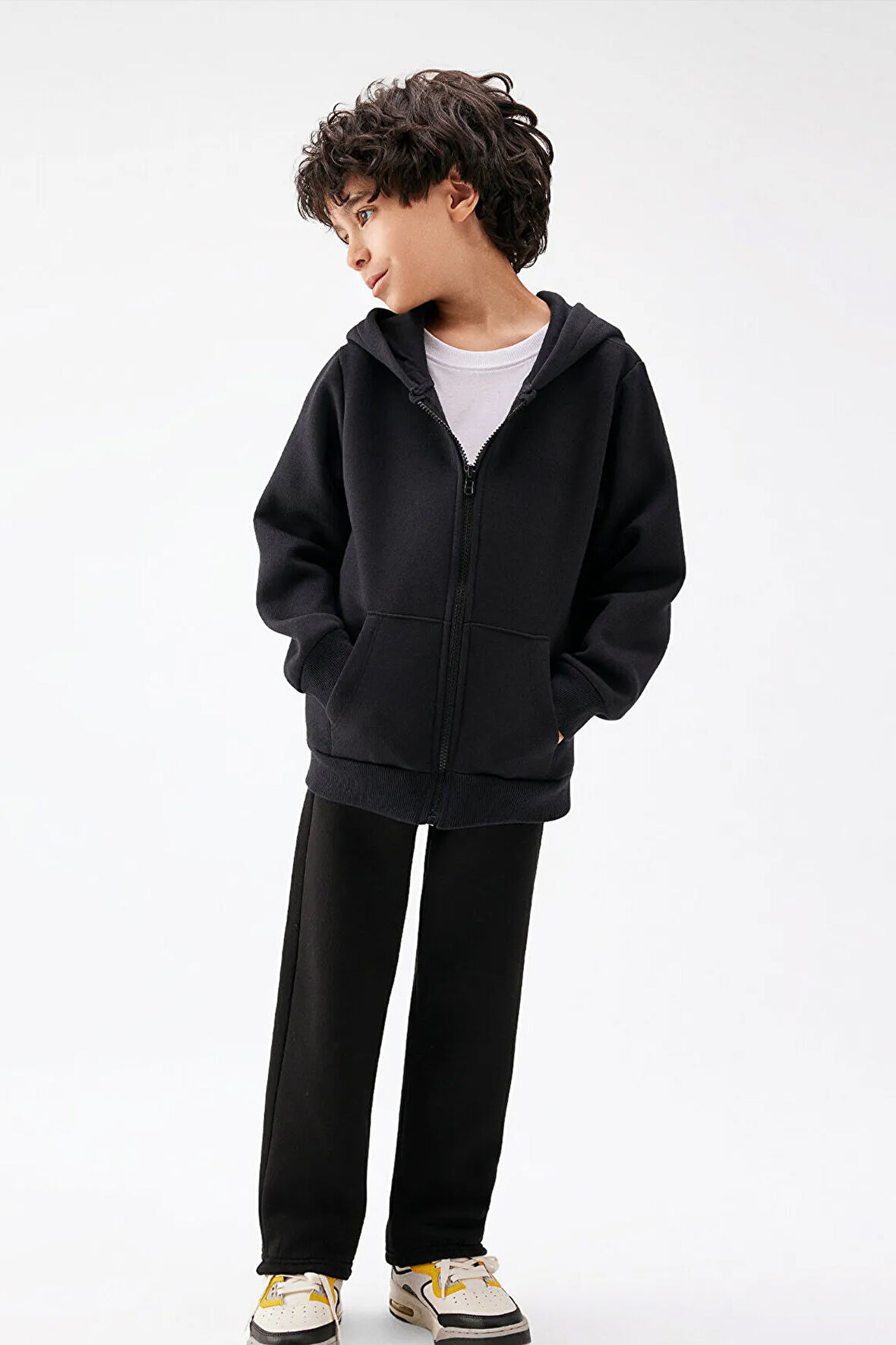 KND-250003 Basic Kapüşonlu 3 İplik Kışlık Fermuarlı Okul Sweatshirt 