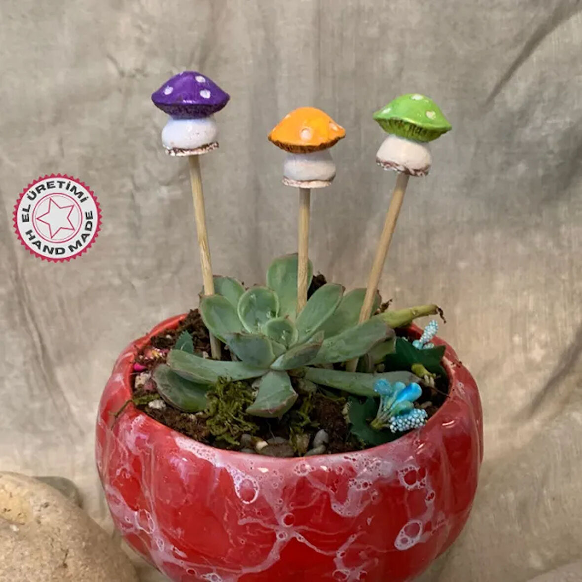 Uretti - Pınar 2572 - El Yapımı 3'lü Renkli Mantarlar Saksı Süsü -  15 cm