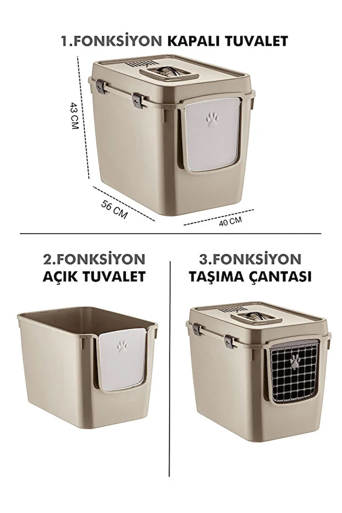 XL 3 Fonksiyonlu Premium Kapalı Kedi Tuvaleti ve Taşıma Çantası 56 x 40 x 43 Cm