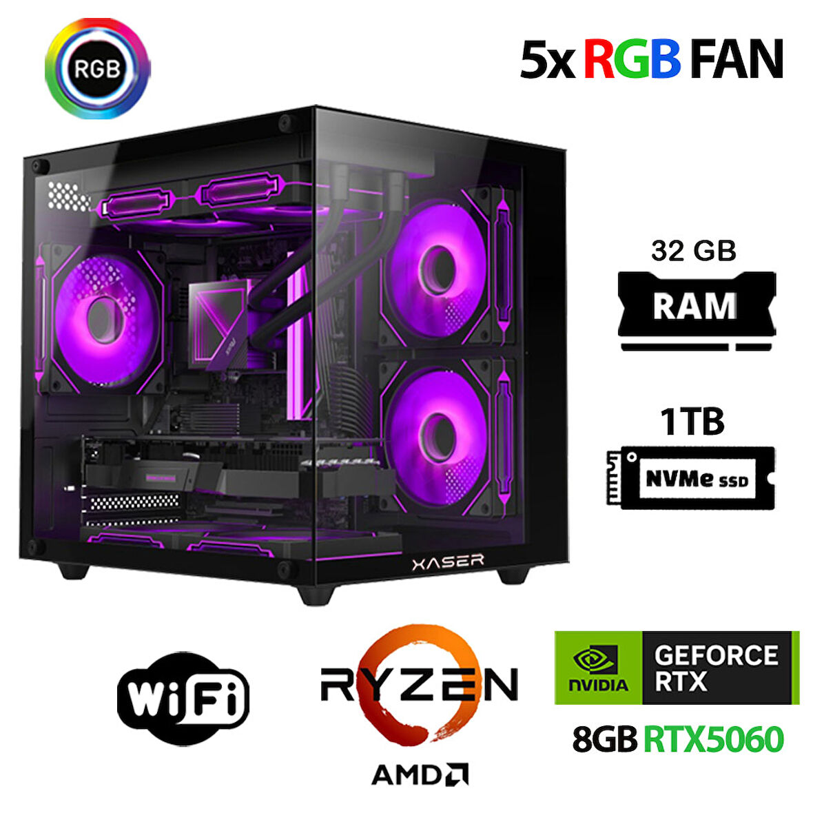 Xaser Eco X280 Ryzen 5 5600 32GB Ram 1TB M.2 NVMe SSD 8GB RTX5060 Oyuncu Masaüstü Bilgisayarı