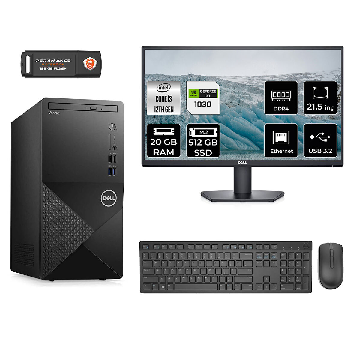 DELL VOSTRO 3910 MN35633910D467 i3 12100 20GB RAM 512GB SSD GT1030 4GB 21.5" FDOS MASAÜSTÜ PC
