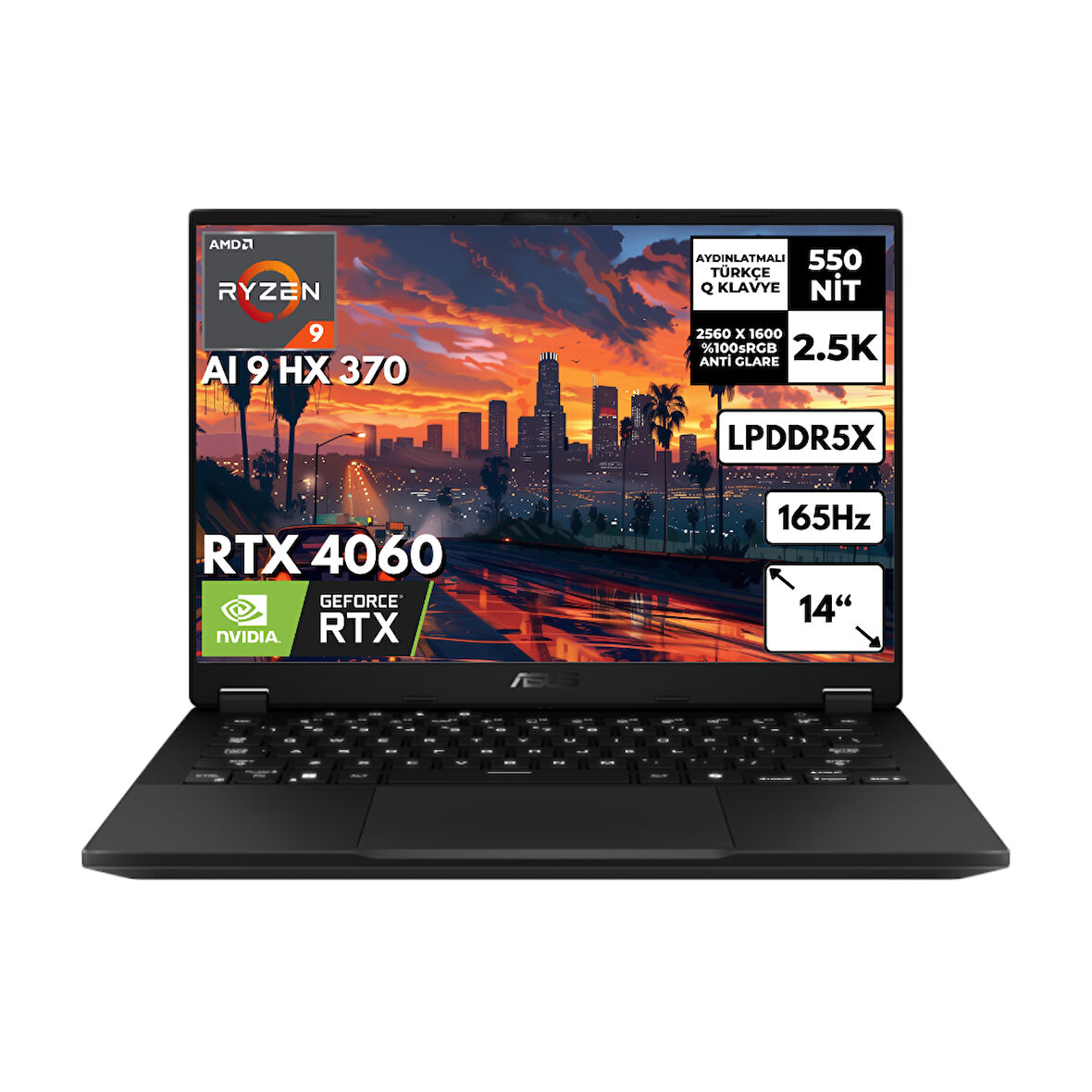 Asus TUF Gaming A14 FA401 R-AI 9 HX 370 16-GBDDR5 1 TBSSD 8GB RTX4060(100W) 14" WQXGA 165Hz FreeDos Gaming Bilgisayar FA401WV-RG038 BTY3