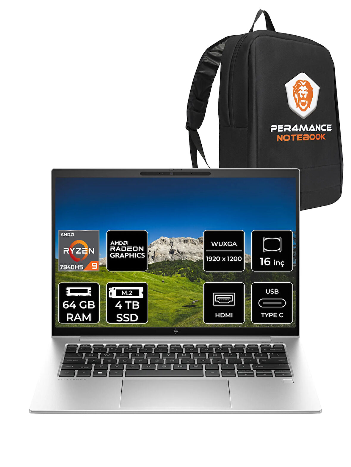 HP EliteBook 865 G10 R9 7940HS 64GB DDR5 4TB SSD 16'' WUXGA FDOS Dizüstü Bilgisayar & PER4 ÇANTA