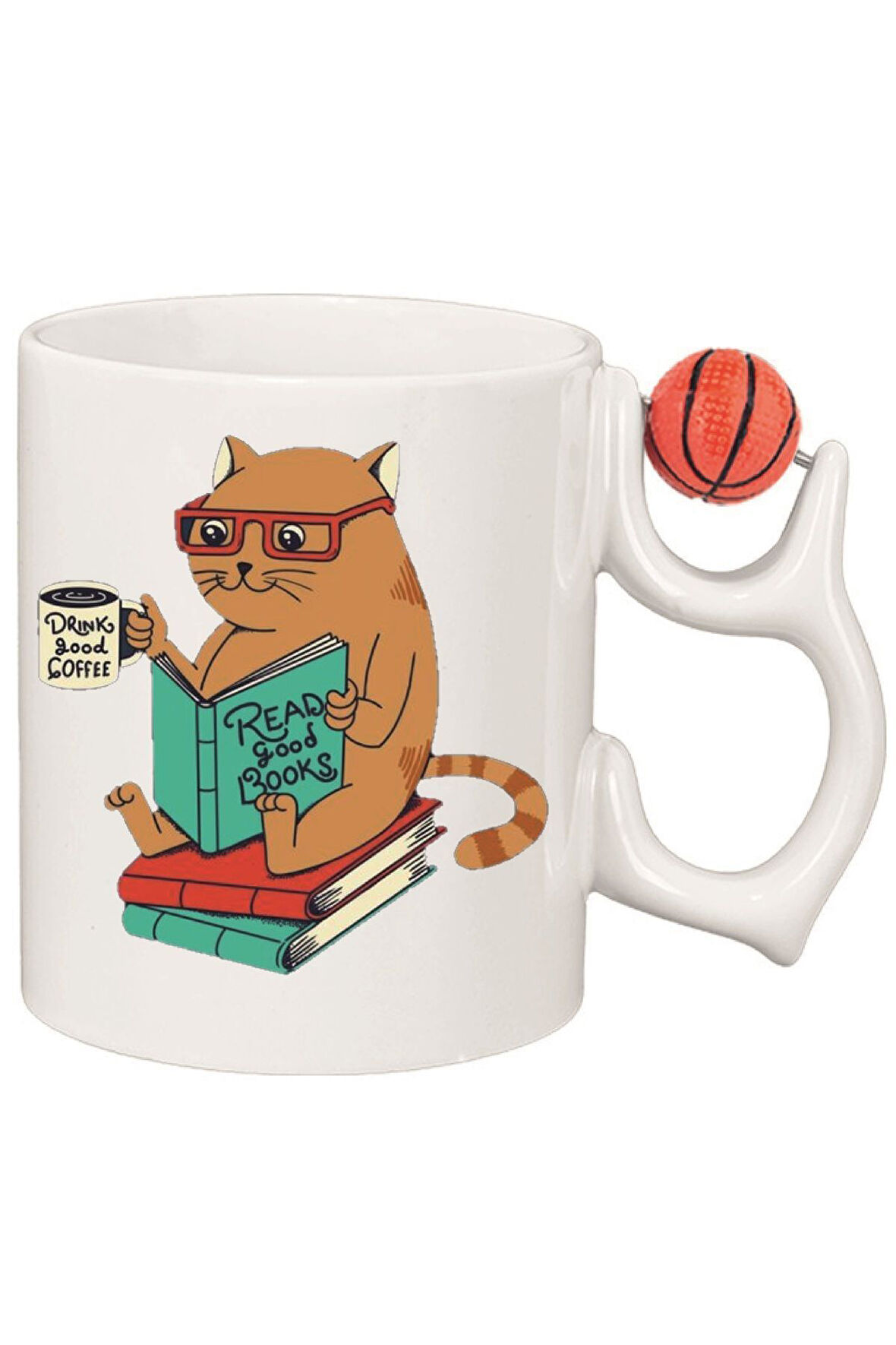 Kişiye Özel Kitap Okuyan Kedi Kalp Kulplu Özel Süblimasyon Baskılı Porselen Kupa Bardak Basketbol Kulp
