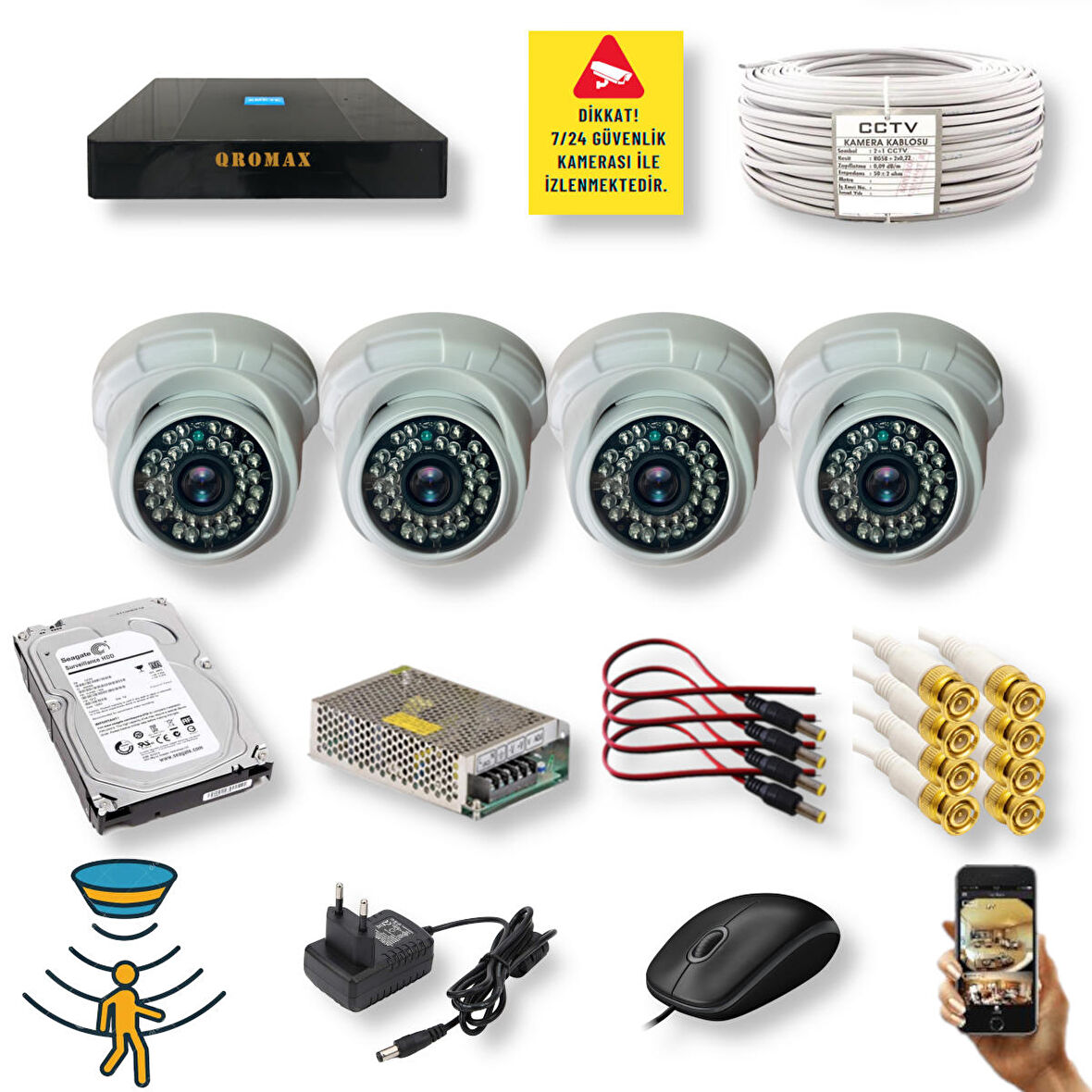 4 Kameralı Set - Hareket Algılayan Gece Görüşlü 36 IR Led 5MP Sony Lensli 1080P Full HD Dome İç Mekan Güvenlik Kamerası Seti D136b