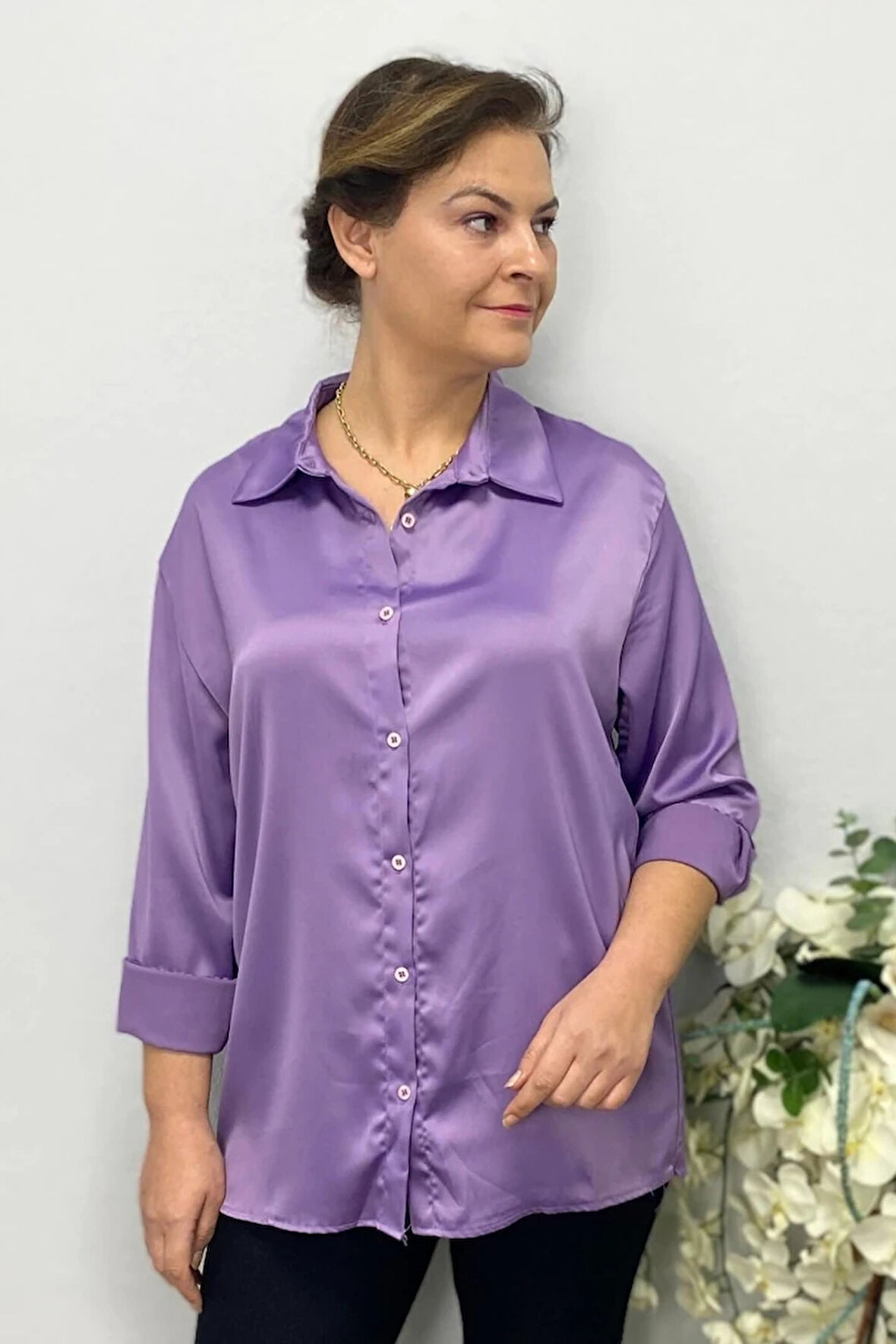 Kadın Lila Saten Gömlek