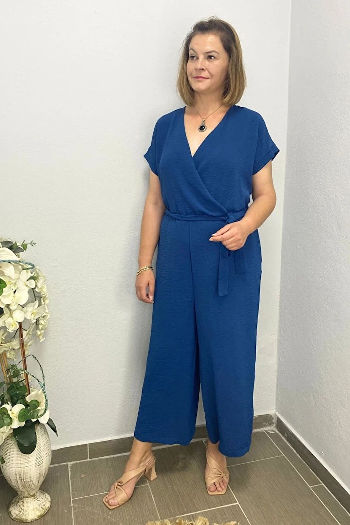 Kadın Mavi  Kruvaze Yaka Tulum