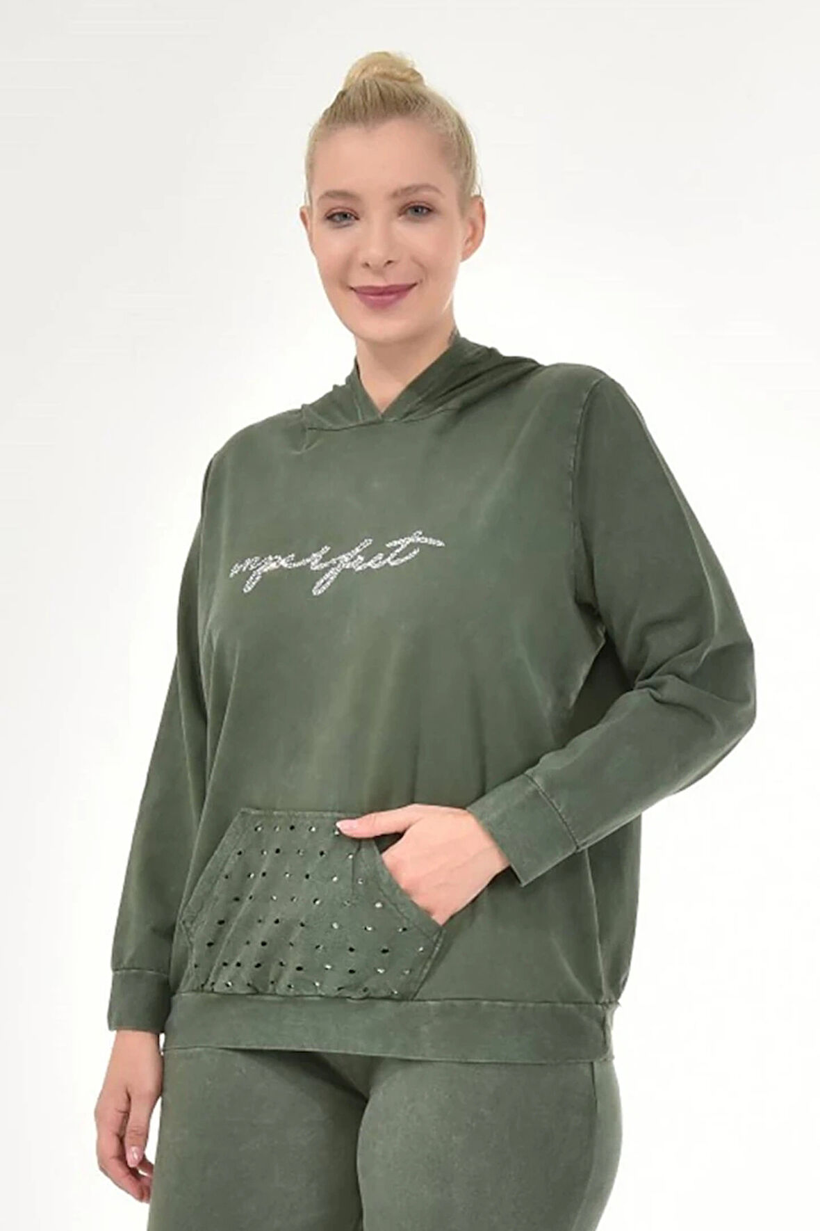 Kadın Büyük Beden İtalyan Yıkama Haki Kapşonlu Sweatshirt