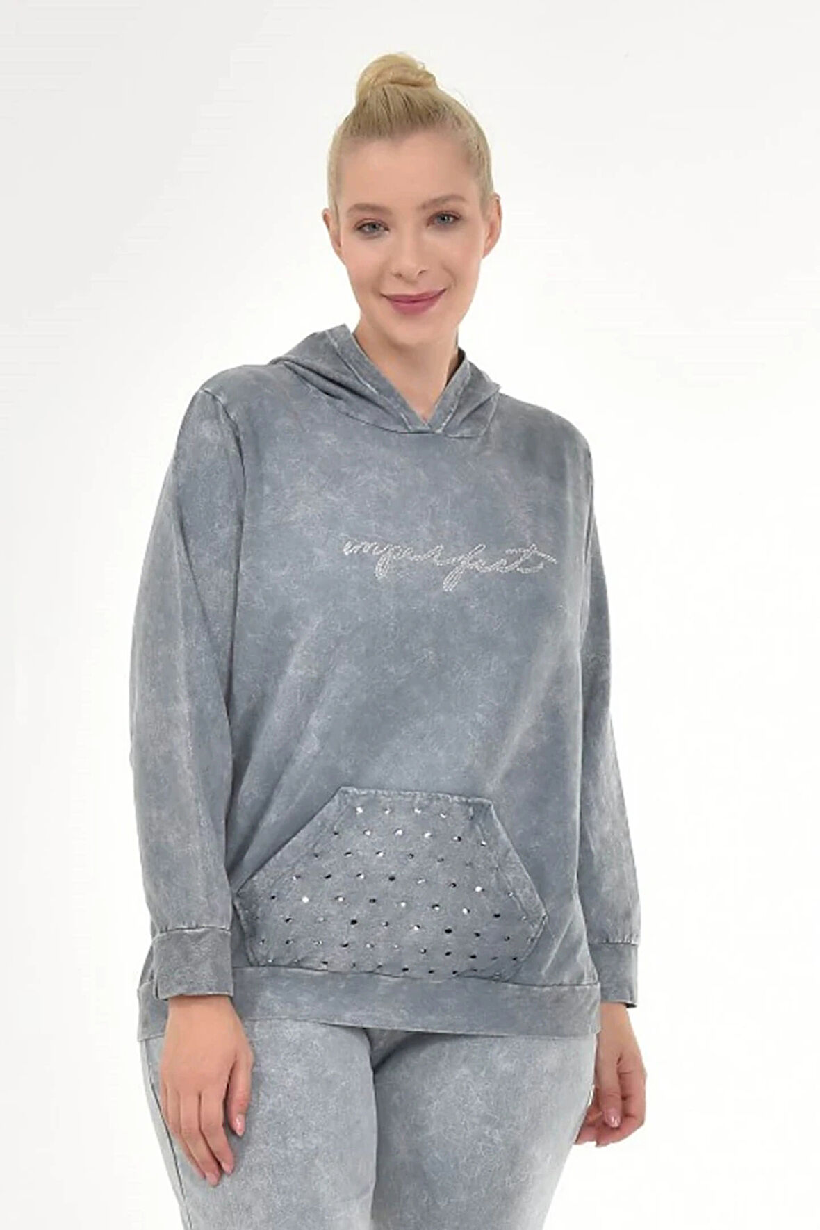 Kadın Büyük Beden İtalyan Yıkama Gri Kapşonlu Sweatshirt