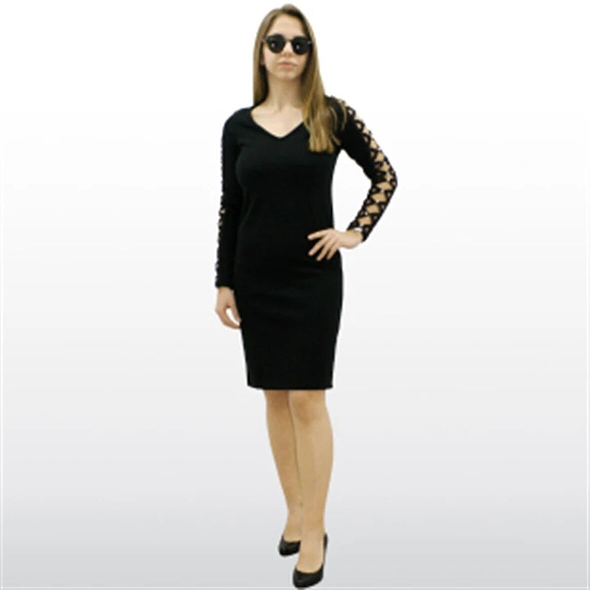 Kadın Siyah Kolları İnci Detaylı Akrilik Elbise