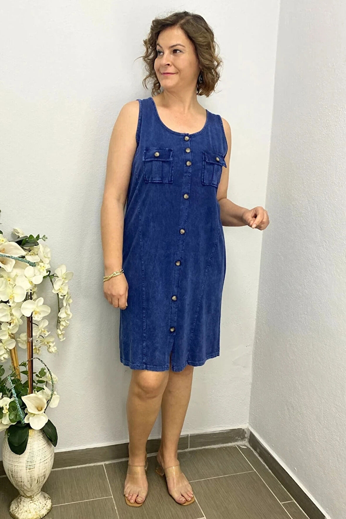 Kadın Yıkamalı Önden Düğmeli Elbise