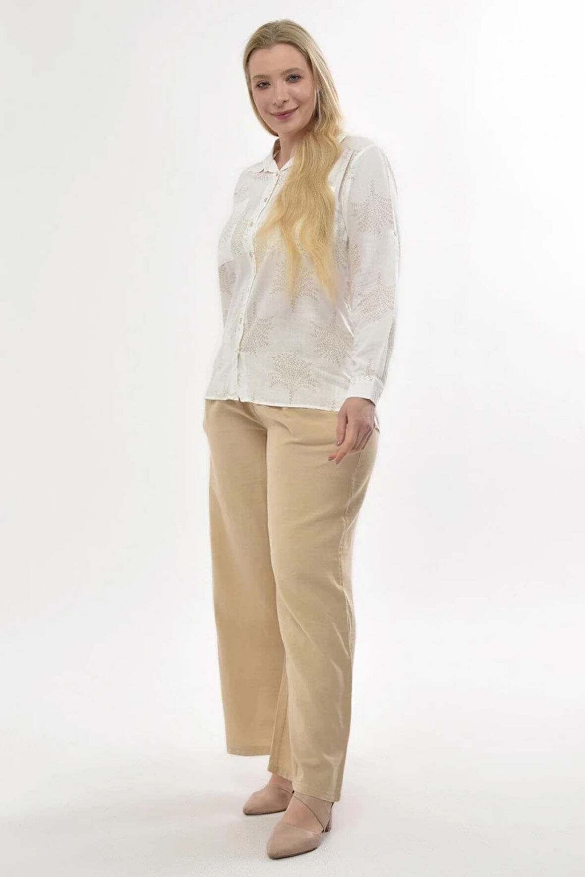 Büyük Beden Bej Beli Lastikli Keten Pantolon