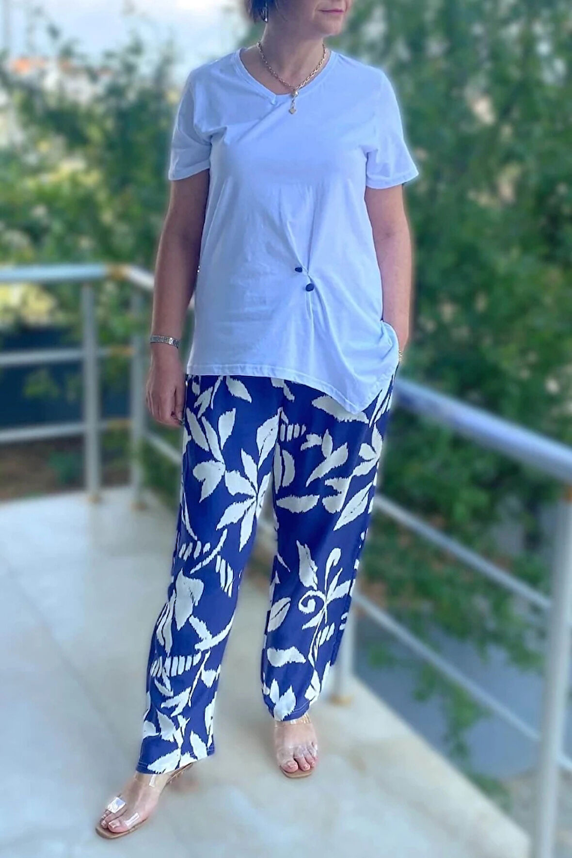 Büyük Beden Bahar Takım Beyaz - Mor