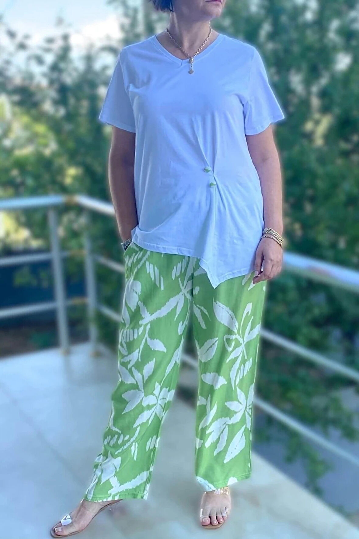 Büyük Beden Bahar Takım Beyaz - Yeşil