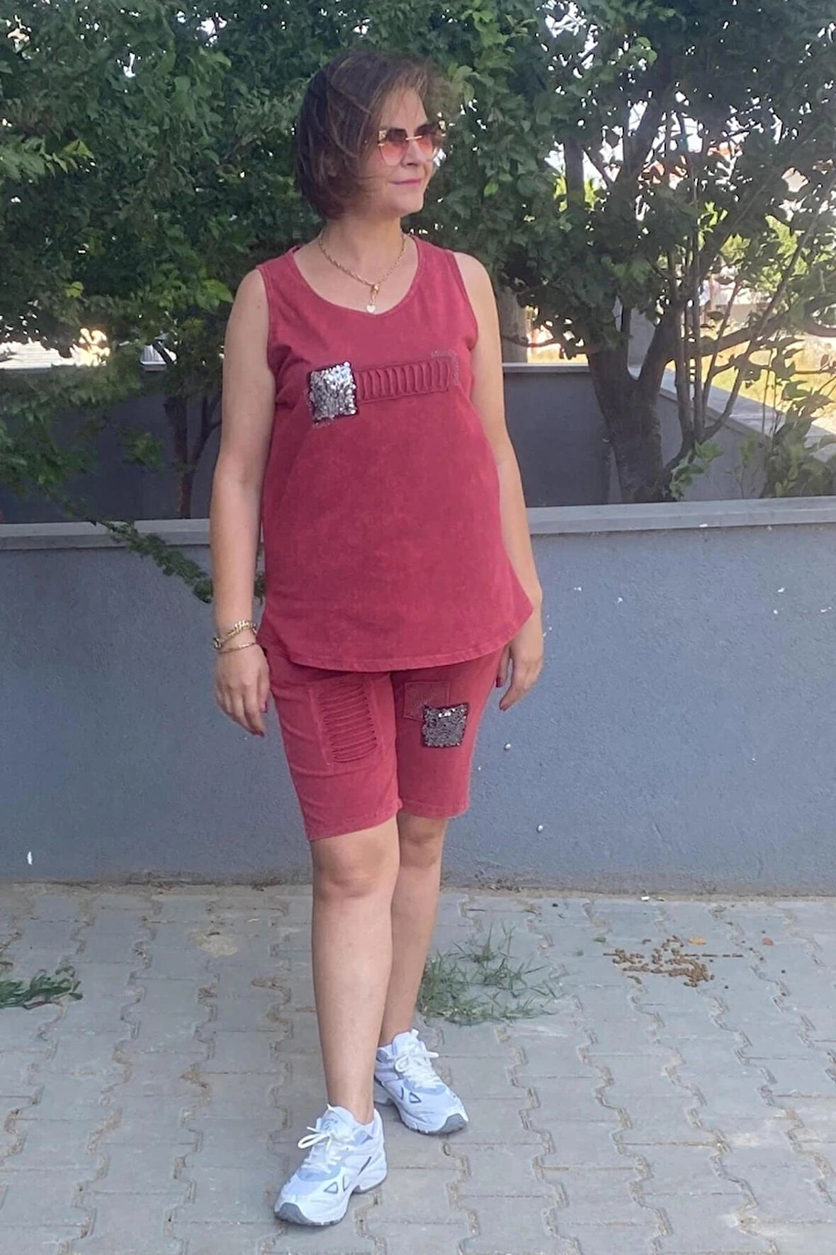 Büyük Beden Bordo Gümüş Şort Takım