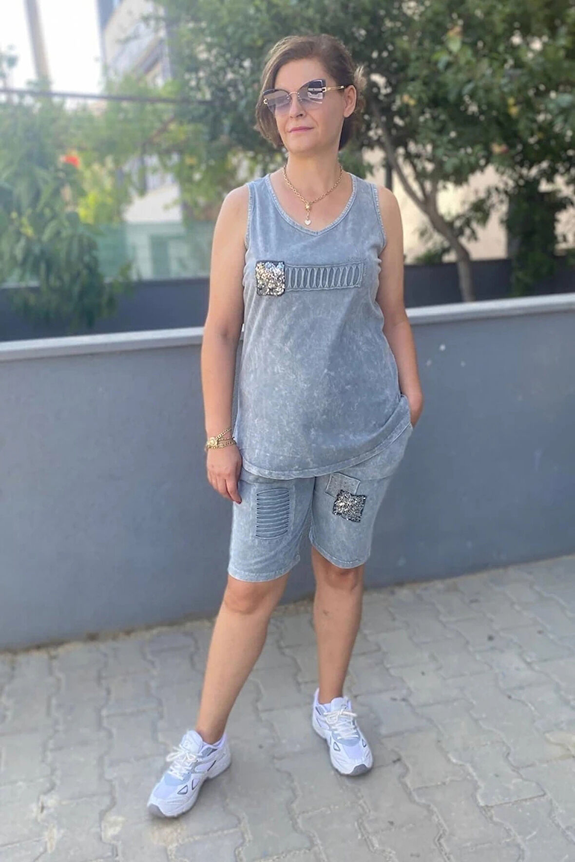 Büyük Beden Gri Gümüş Şort Takım