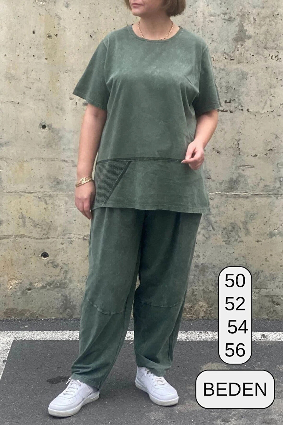 Büyük Beden Selenay Haki Pamuklu Takım