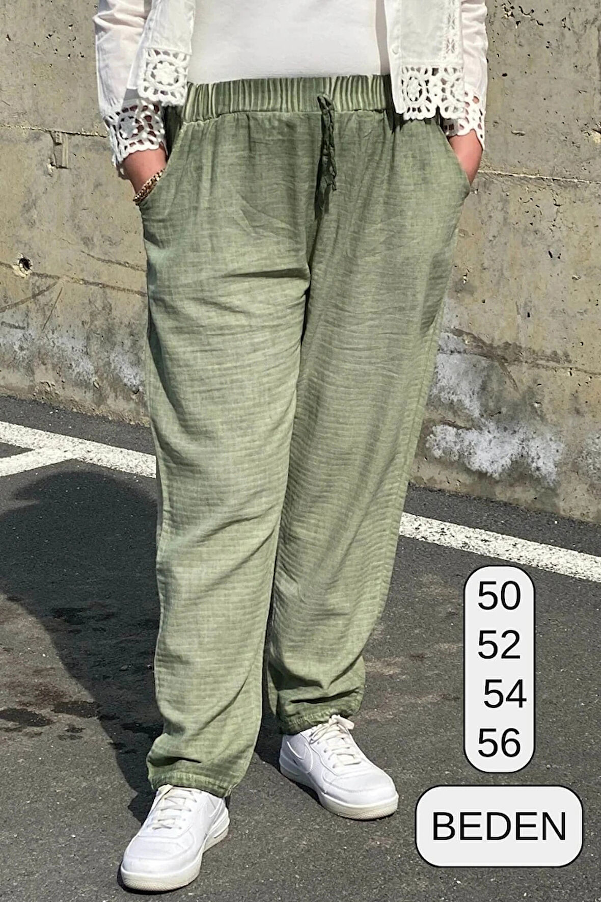 Büyük Beden Yeşil Beli Lastikli Keten Pantolon