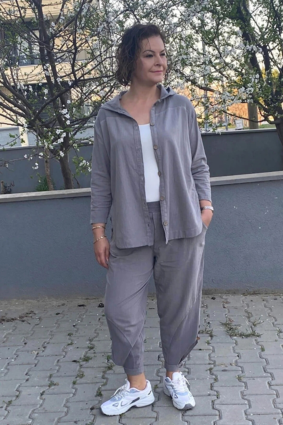 Kadın Gri Tasarım Spor Keten Takım