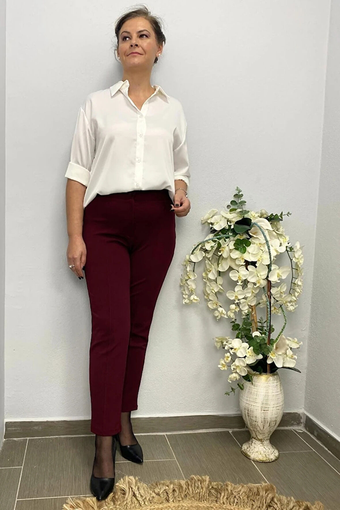 Dertsiz Büyük Beden Bordo Toparlayıcı Kumaş Pantolon