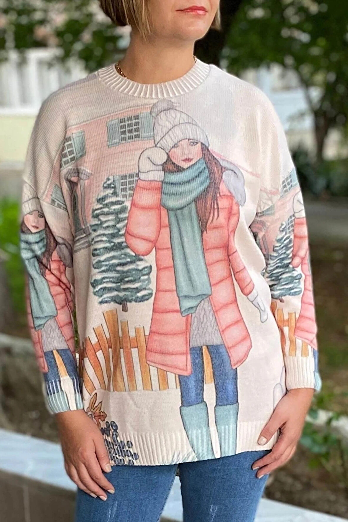 Kadın Pembe İtalyan Dijital Baskılı Triko