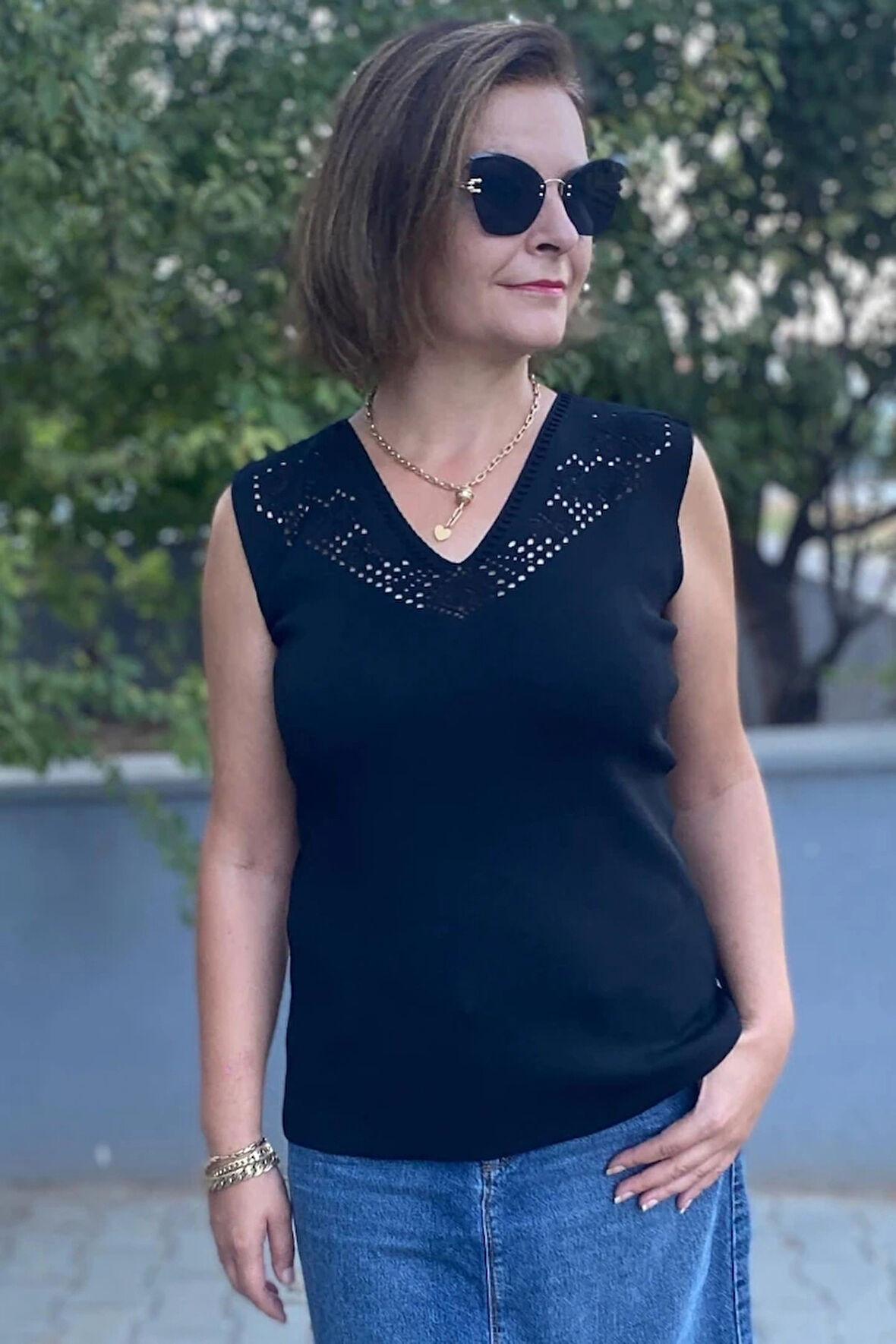 Kadın Lina Siyah Merserize Kolsuz Bluz