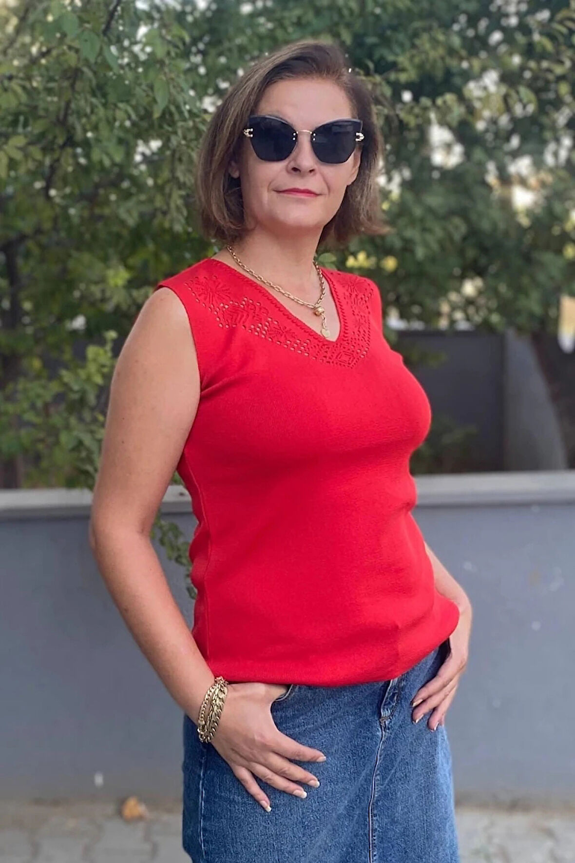 Kadın Lina Kırmızı Merserize Kolsuz Bluz