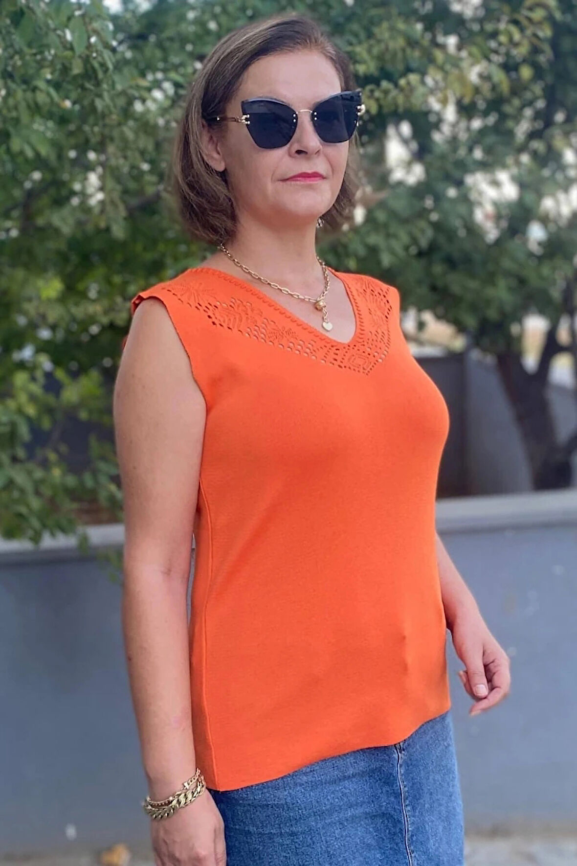 Kadın Lina Turuncu Merserize Kolsuz Bluz