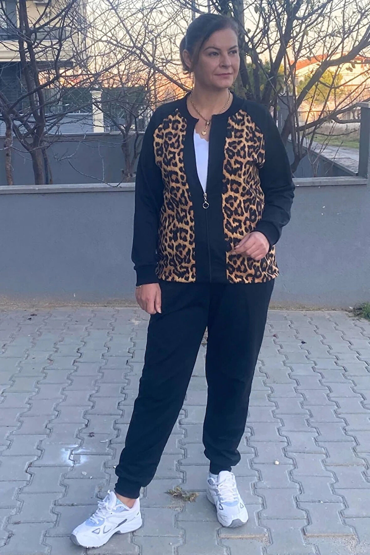 Büyük Beden Siyah Leopar Desenli Eşortman Takım