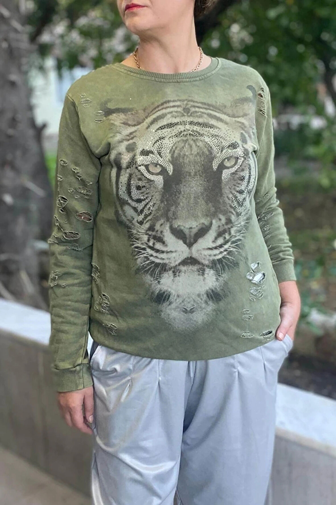 Kadın Haki Kaplan Desenli Sweat