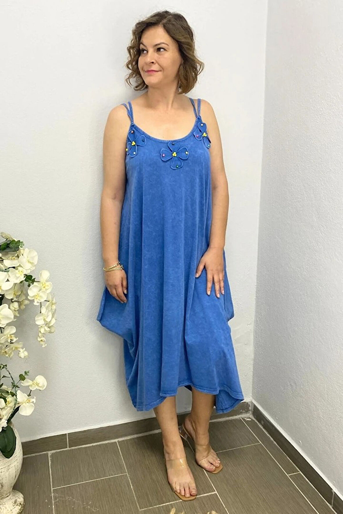 Büyük Beden Mavi Pamuklu Şalvar Kesim Çiçekli Elbise