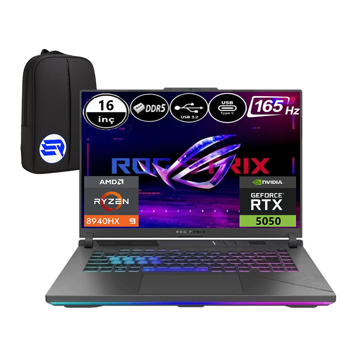 Asus Rog Strix G16 G614PH-RV036EP4 Ryzen 9 8940HX 32GB 512GB SSD RTX5050 WIN11 Pro 16" Wuxga 165Hz + Elektropasaj Çanta