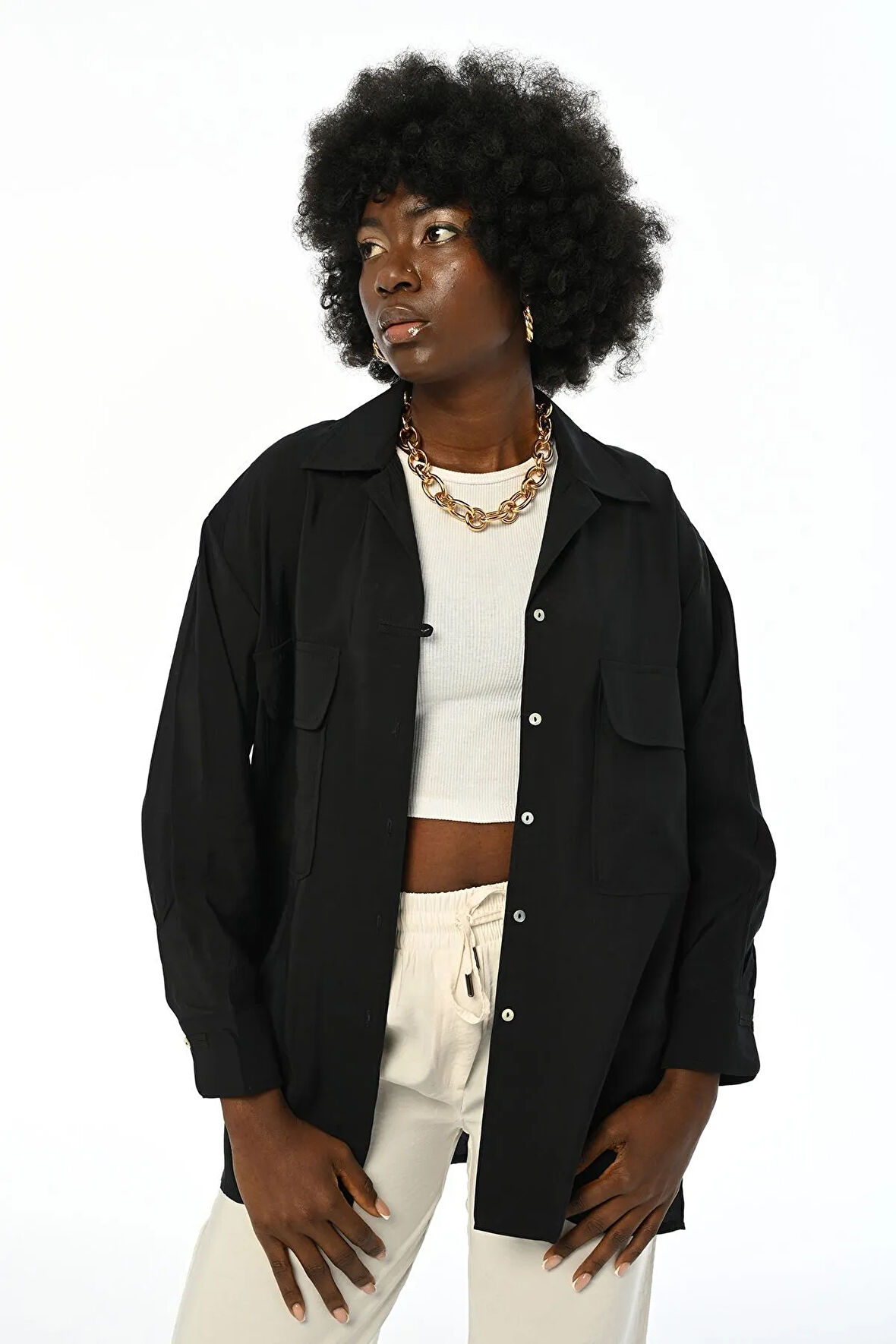 KADIN ÇİFT CEPLİ MODAL KUMAŞ GÖMLEK