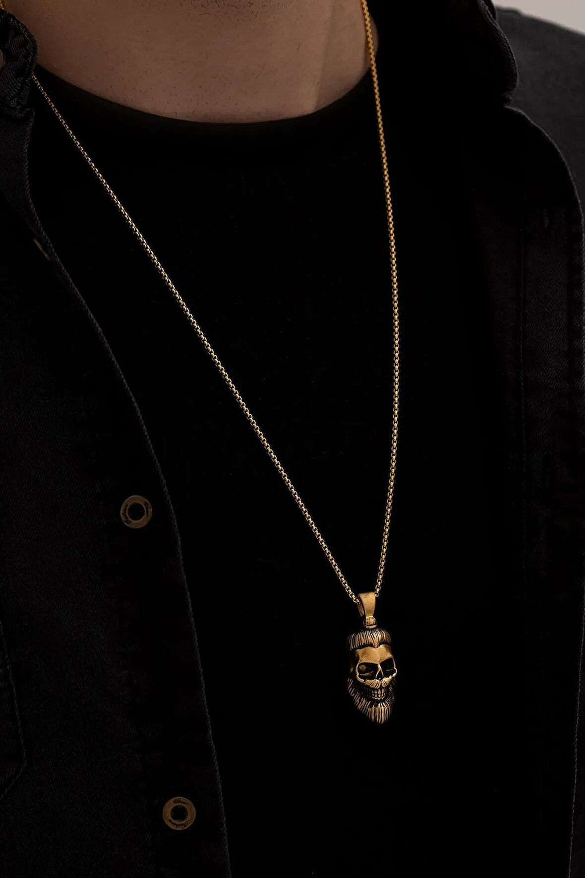 Erkek Çelik Kolye - Altın Kaplama Sakallı KuruKafa Model Çelik Kolye