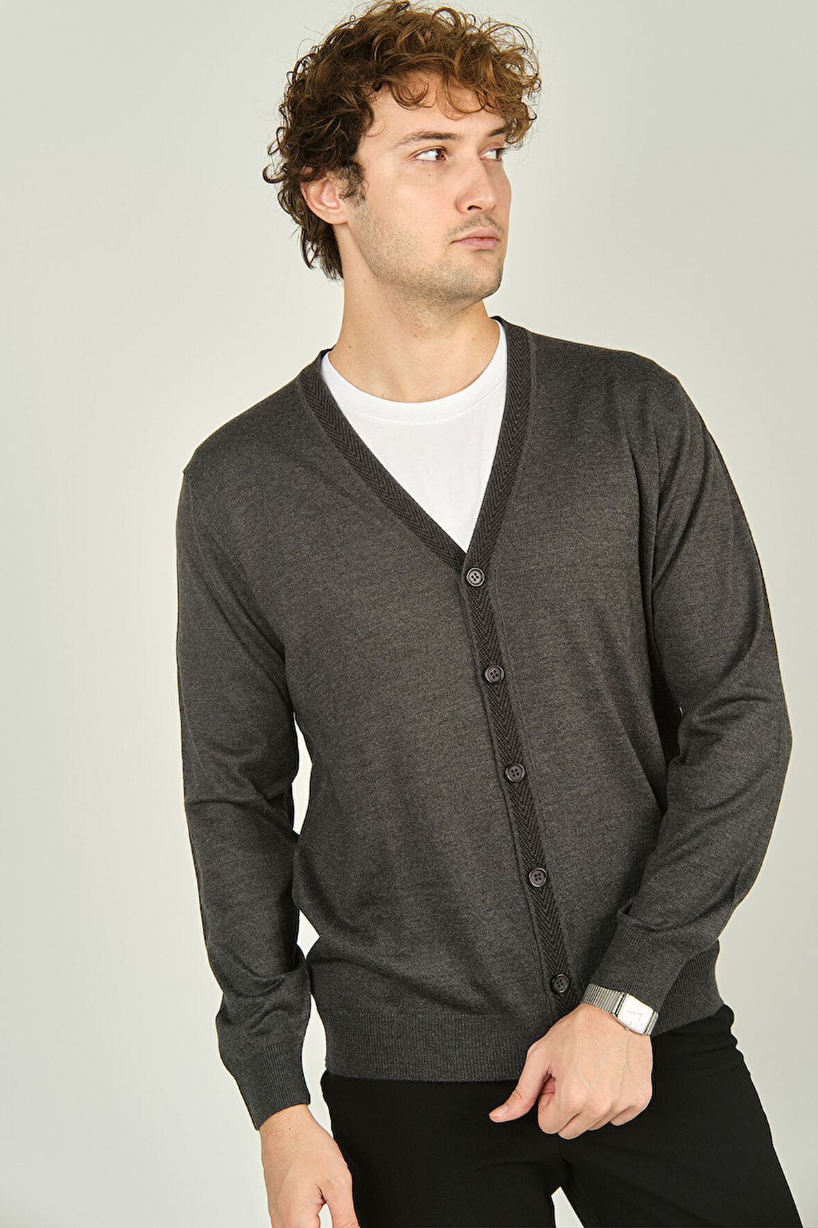 Ateş Triko Erkek Düğmeli V Yaka Yün Hırka 2010 Koyu Gri