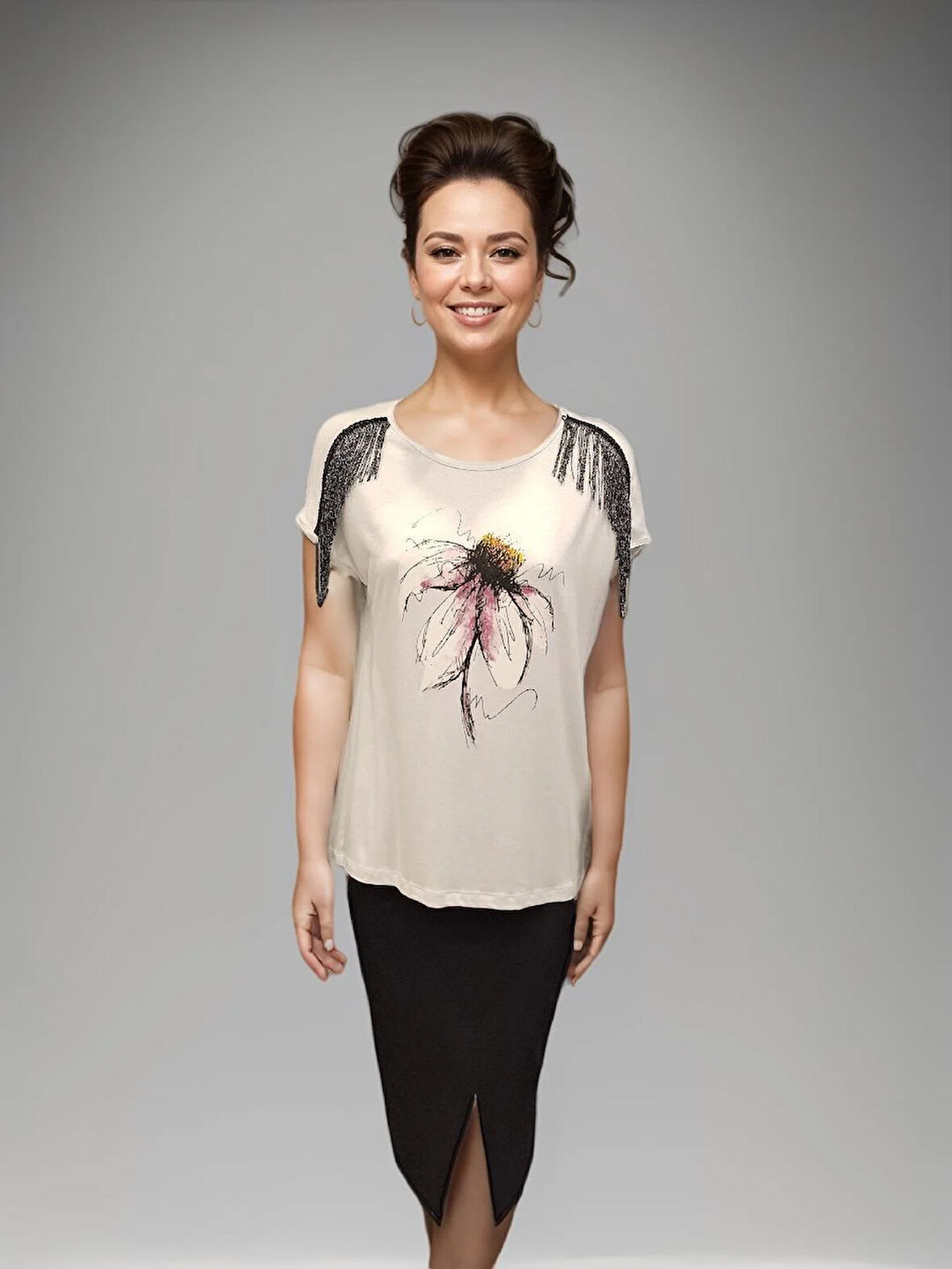 OKÇU Kadın Omuz Püskül Detaylı Penye Bluz