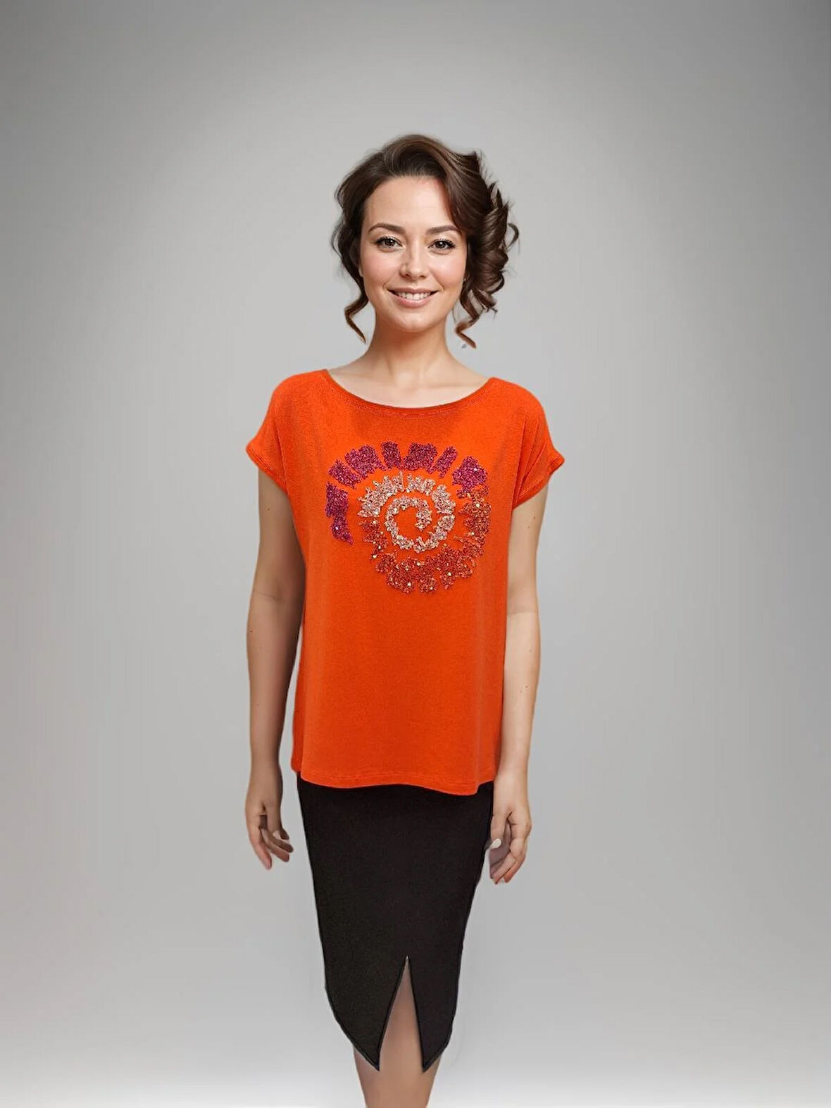 OKÇU Kadın Renkli Pul İşlemeli Penye Bluz