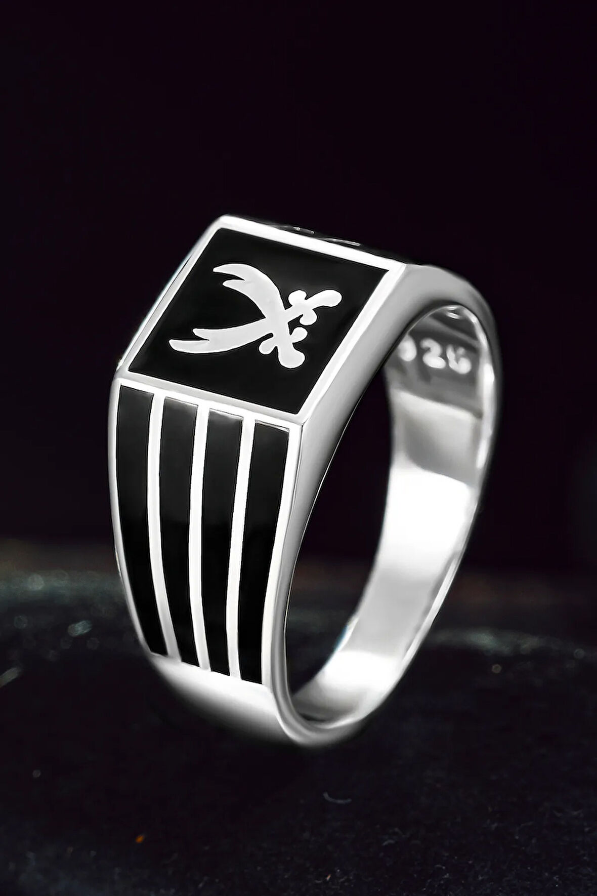 Erkek Gümüş Yüzük - Çift Zülfikar Kılıcı İşlemeli İnce Erkek Yüzük