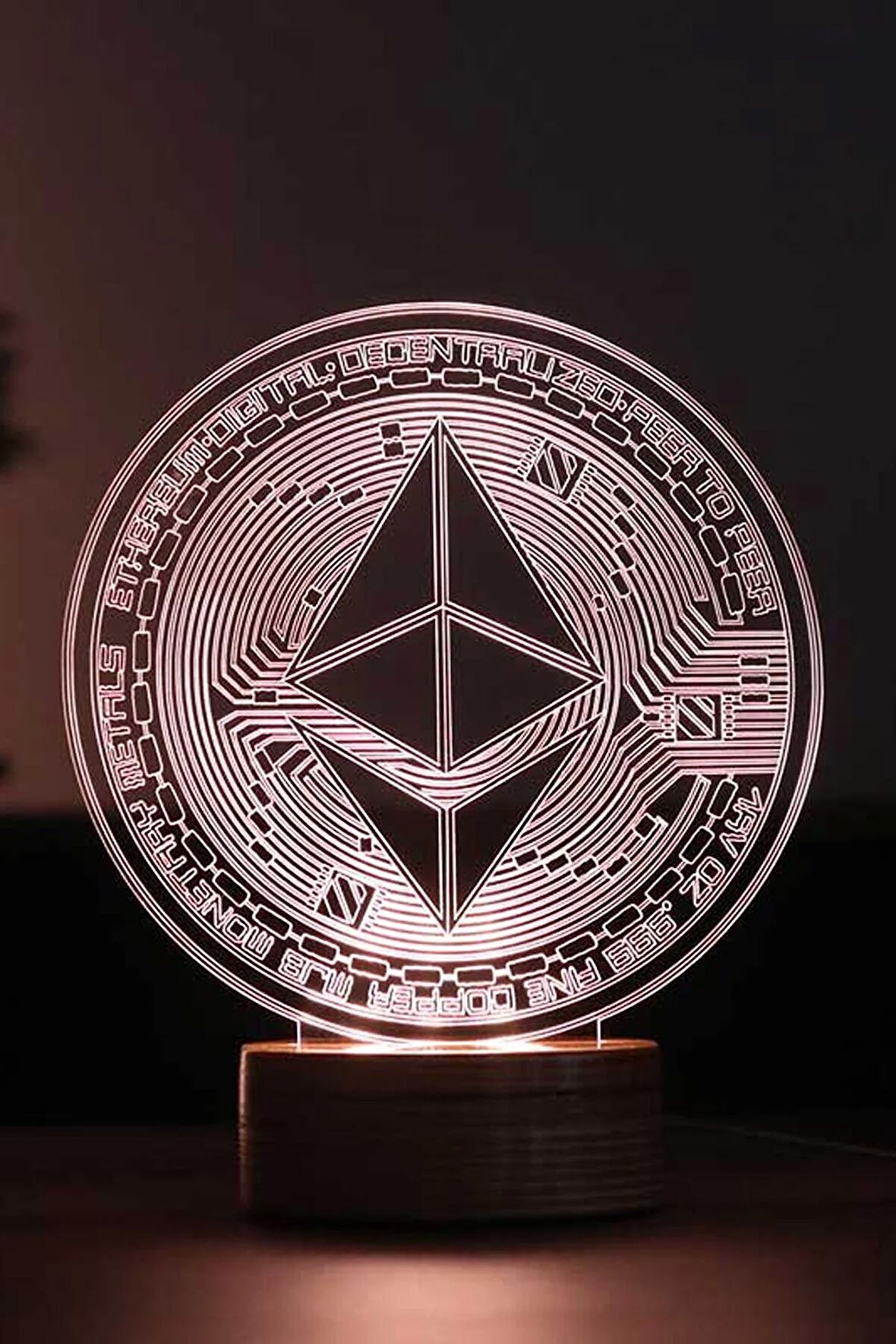 Ethereum Figürlü Dekoratif Hediye Led Masa Lambası | 7 Işık Rengi | Ahşap Taban