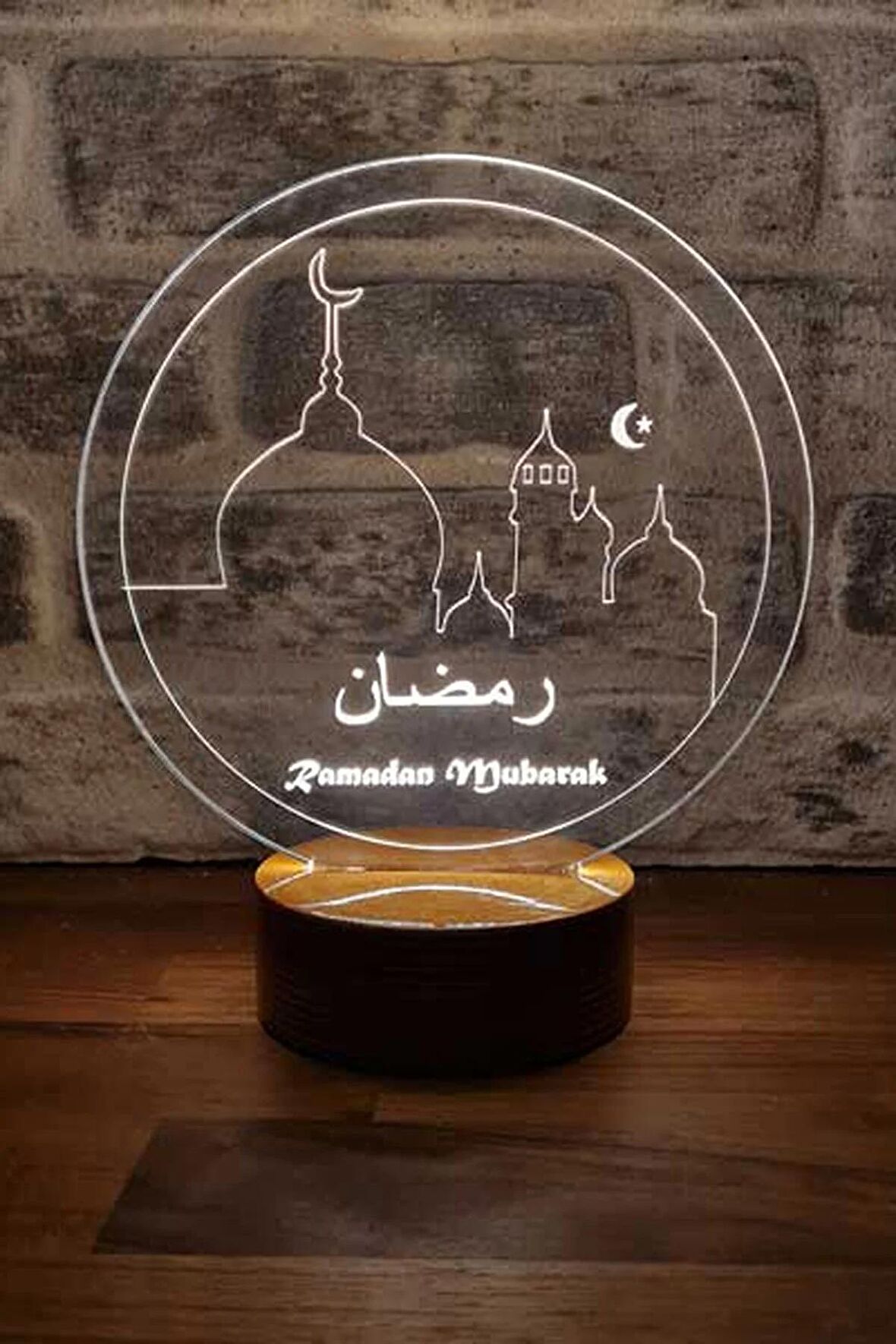 Ramadan Mubarak Figürlü Dekoratif Hediye Led Masa Lambası | 7 Işık Rengi | Ahşap Taban