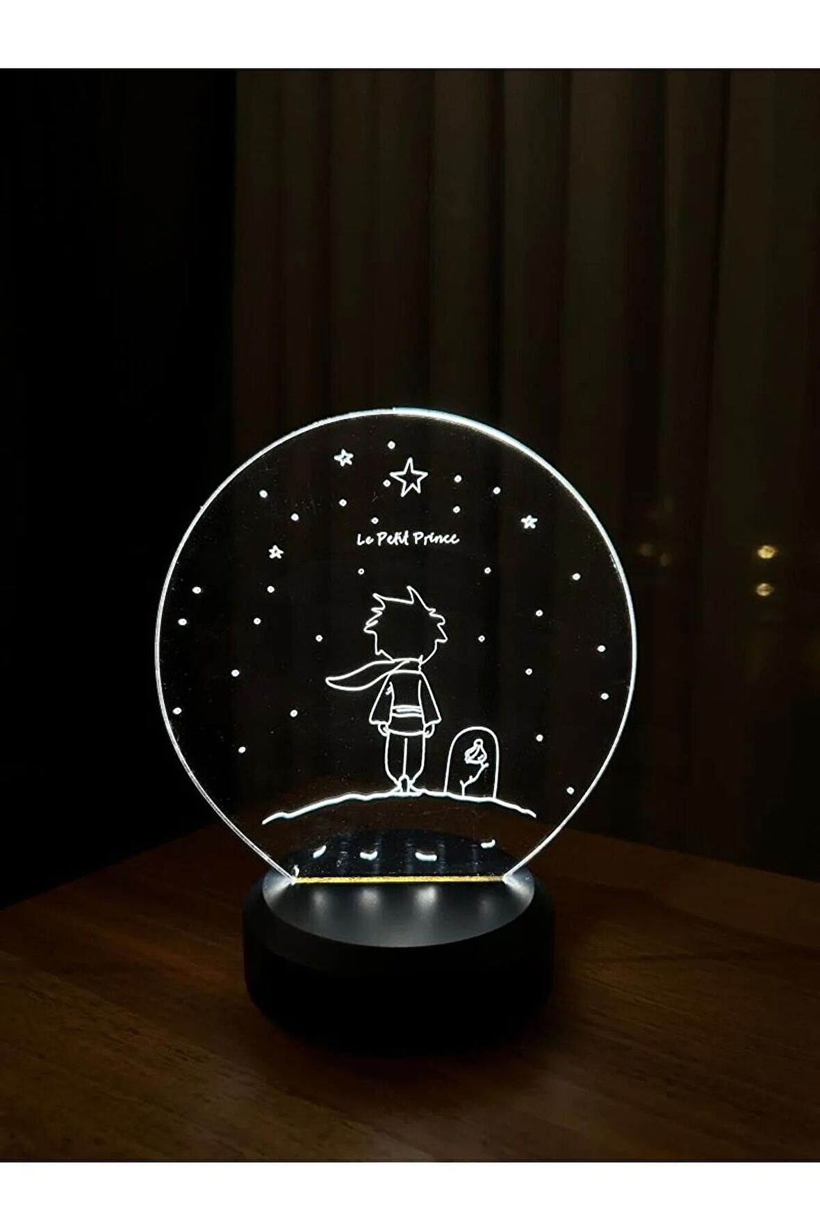 Küçük Prens Le Petit Prince Figürlü Led Gece Lambası | Günışığı Renk | Ahşap Antrasit Taban