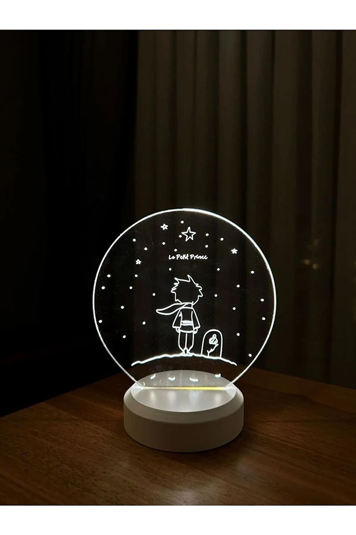 Küçük Prens Le Petit Prince Figürlü Led Gece Lambası | Günışığı Renk | Ahşap Beyaz Taban