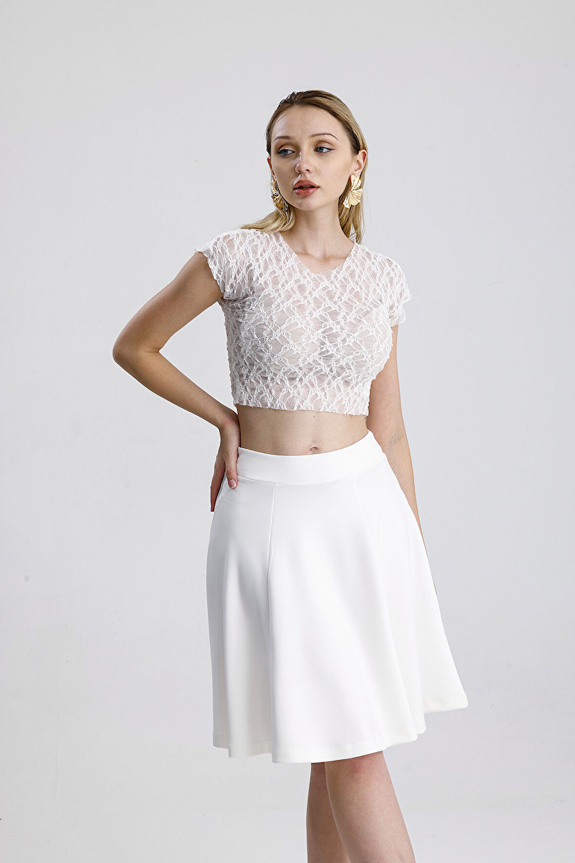 Scuba Volanlı Diz Üstü Etek | Etk13994Uz Ekru