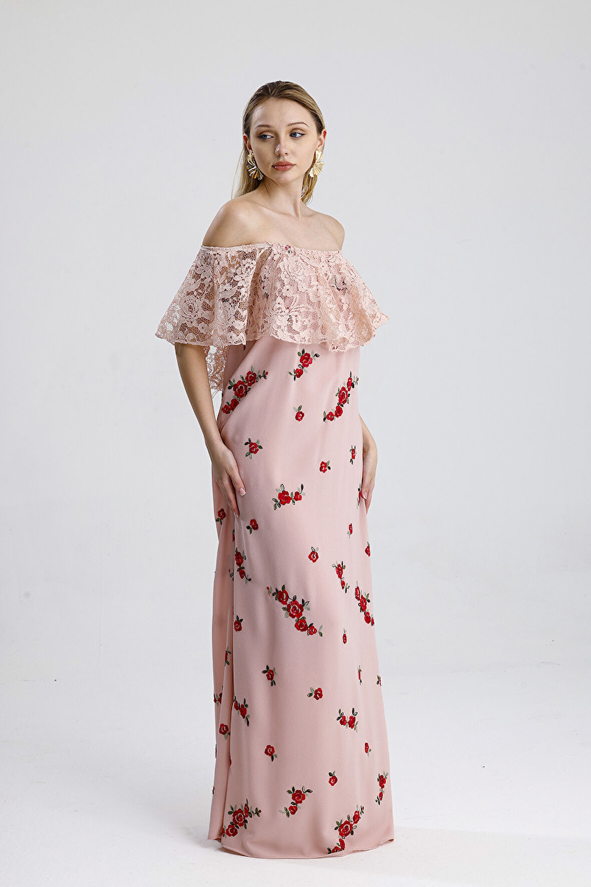 Elbise - Robası Dantelli Eteği Sulu Uzun Elbise | Elb31504 Pudra