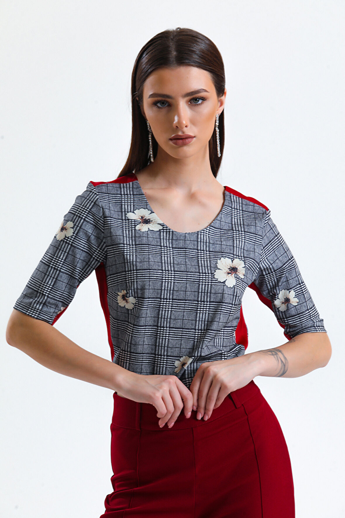 Ekose Yanları Ve Omuzu Bantlı Bluz | Blz31704 Koyu Grı