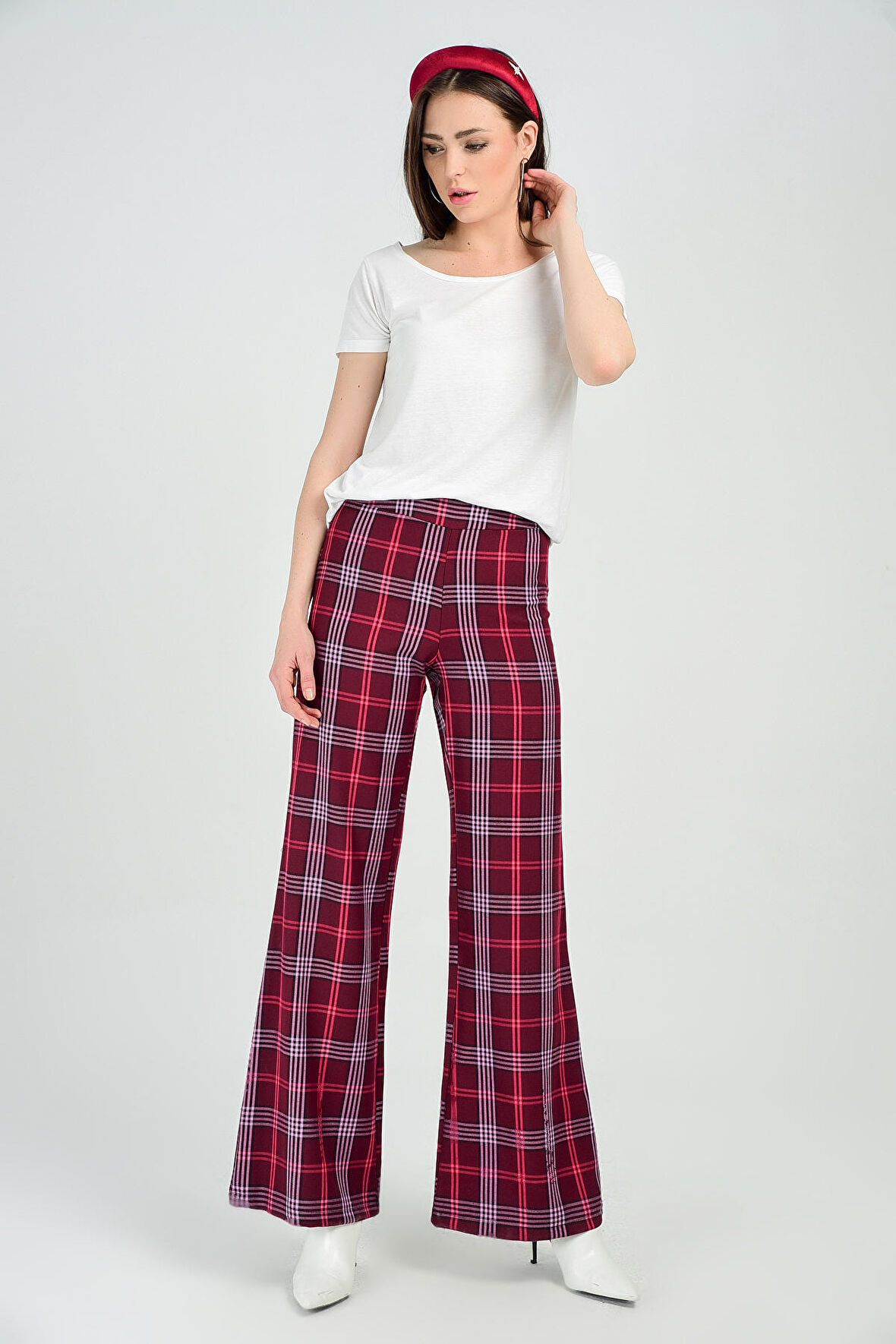 Yandan Fermuarlı Ekose Pantolon | Pnt31718 Bordo
