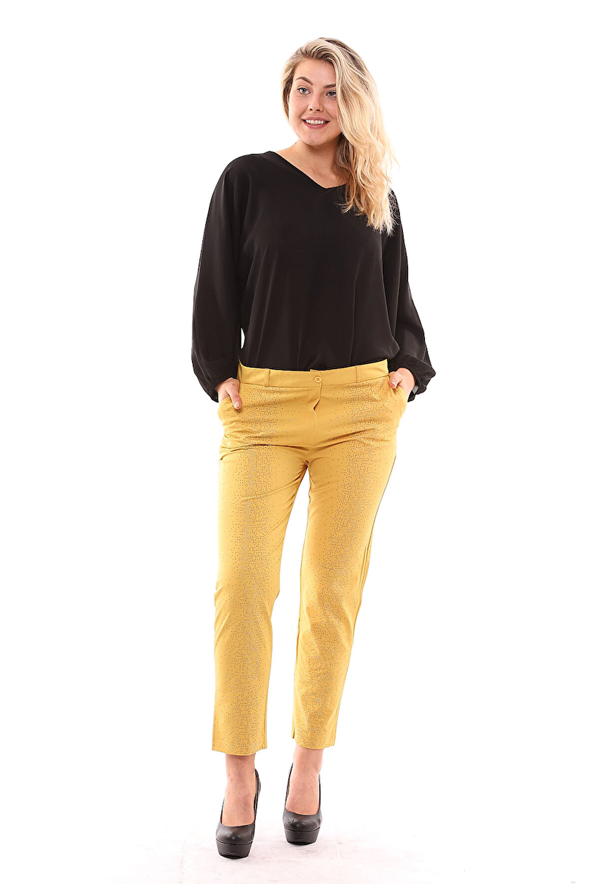 Bilekte Taş Baskılı  Kumas Pantolon | Pnt19020 Safran