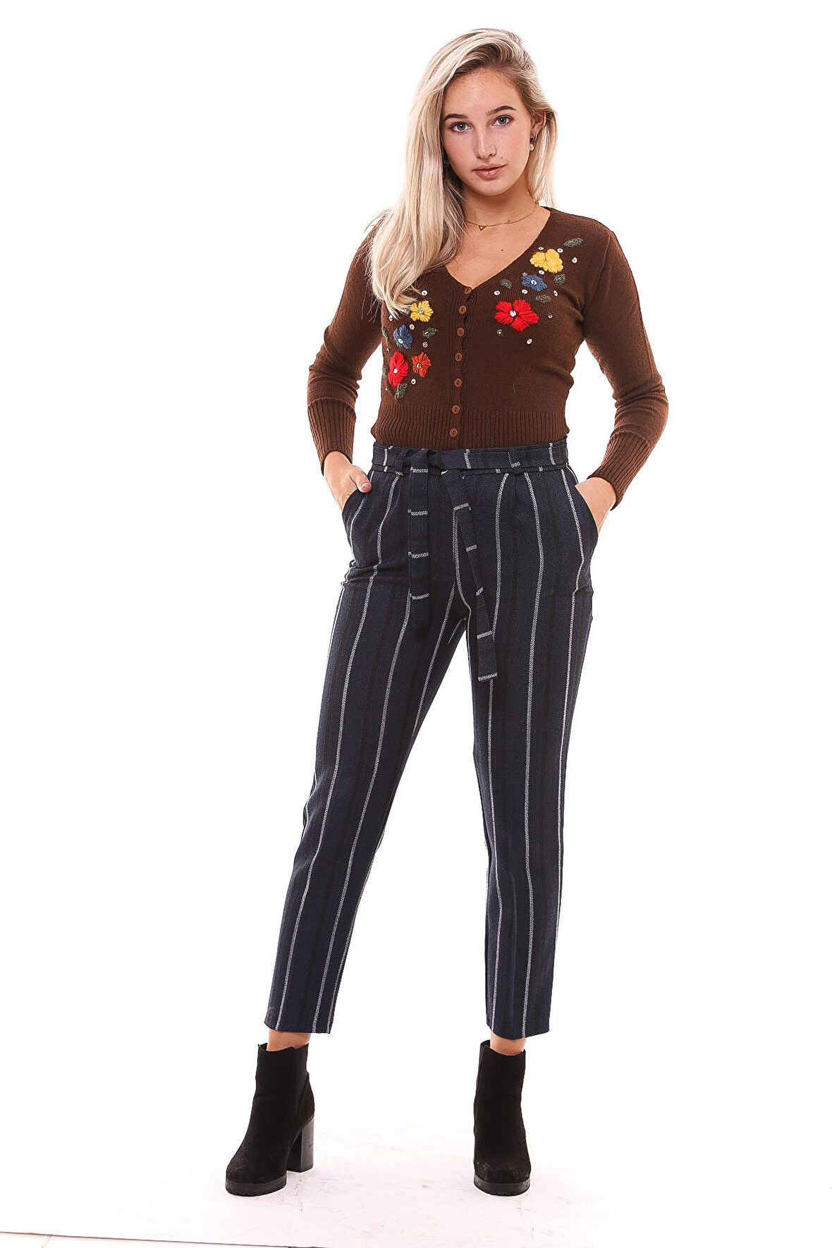 Beli Kemerli Bilekte  Pantolon | PNT19022 İndigo Çizgili