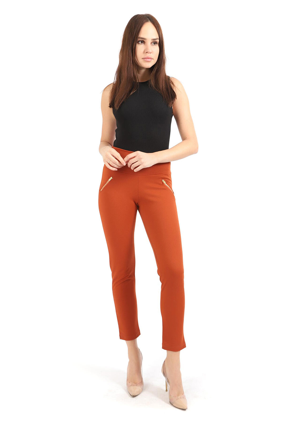 Süs Metal Fermuar Cepli Twin Krep Pantolon | PNT32348 Kıremıt